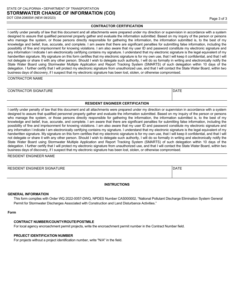 Form DOT CEM-2080SW Stormwater Change of Information (Coi) - California, Page 3