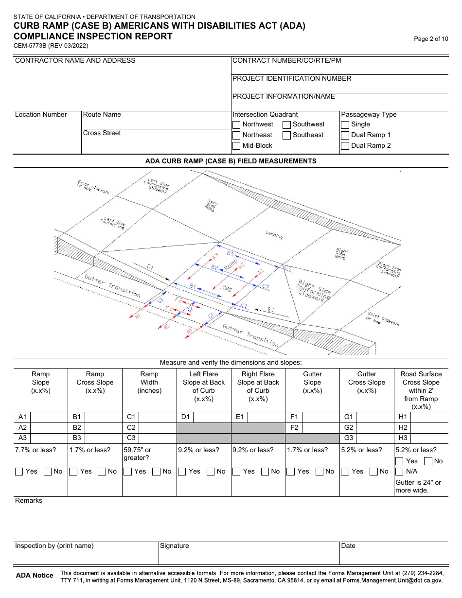 Form CEM-5773B Curb Ramp (Case B) Americans With Disabilities Act (Ada) Compliance Inspection Report - California, Page 2