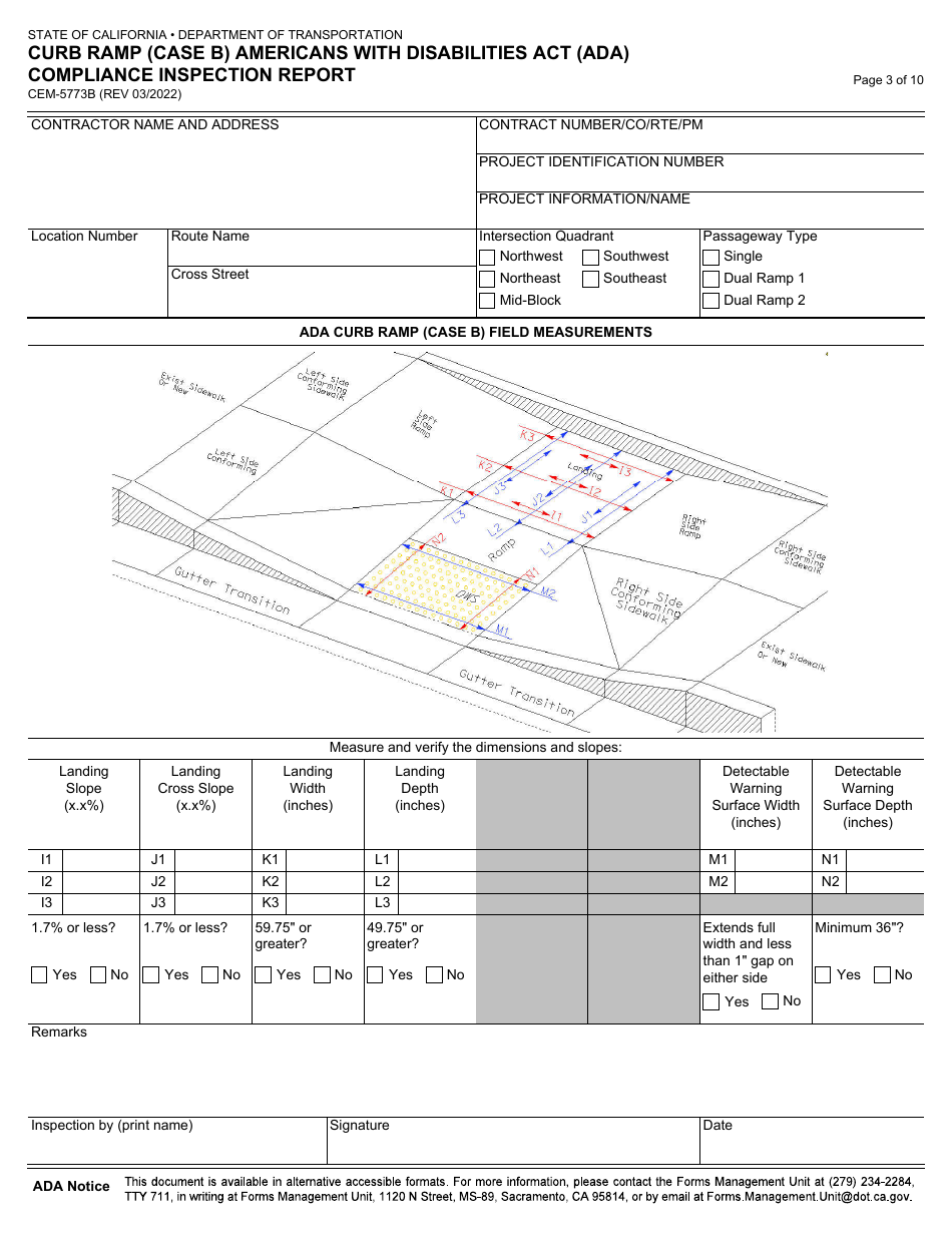 Form CEM-5773B Curb Ramp (Case B) Americans With Disabilities Act (Ada) Compliance Inspection Report - California, Page 3