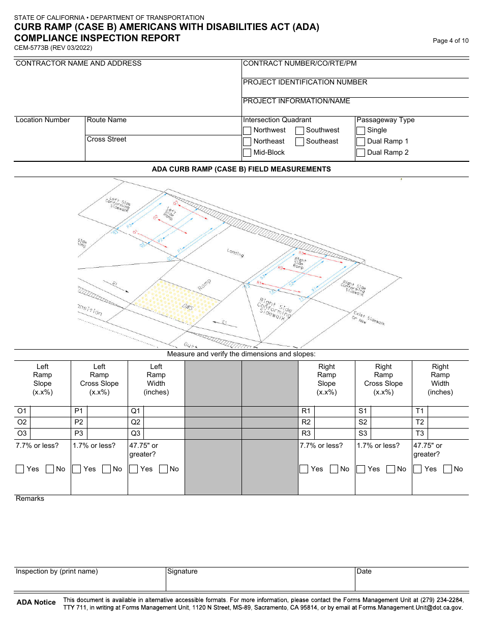 Form CEM-5773B Curb Ramp (Case B) Americans With Disabilities Act (Ada) Compliance Inspection Report - California, Page 4