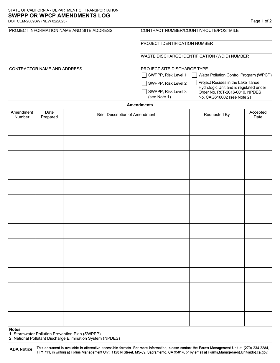 Form CEM-2009SW Swppp or Wpcp Amendments Log - California, Page 1