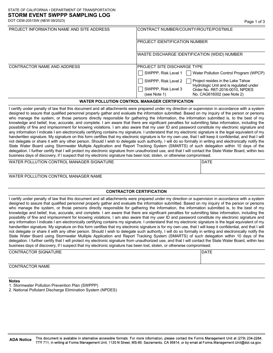 Form CEM-2051SW Storm Event Swppp Sampling Log - California, Page 1