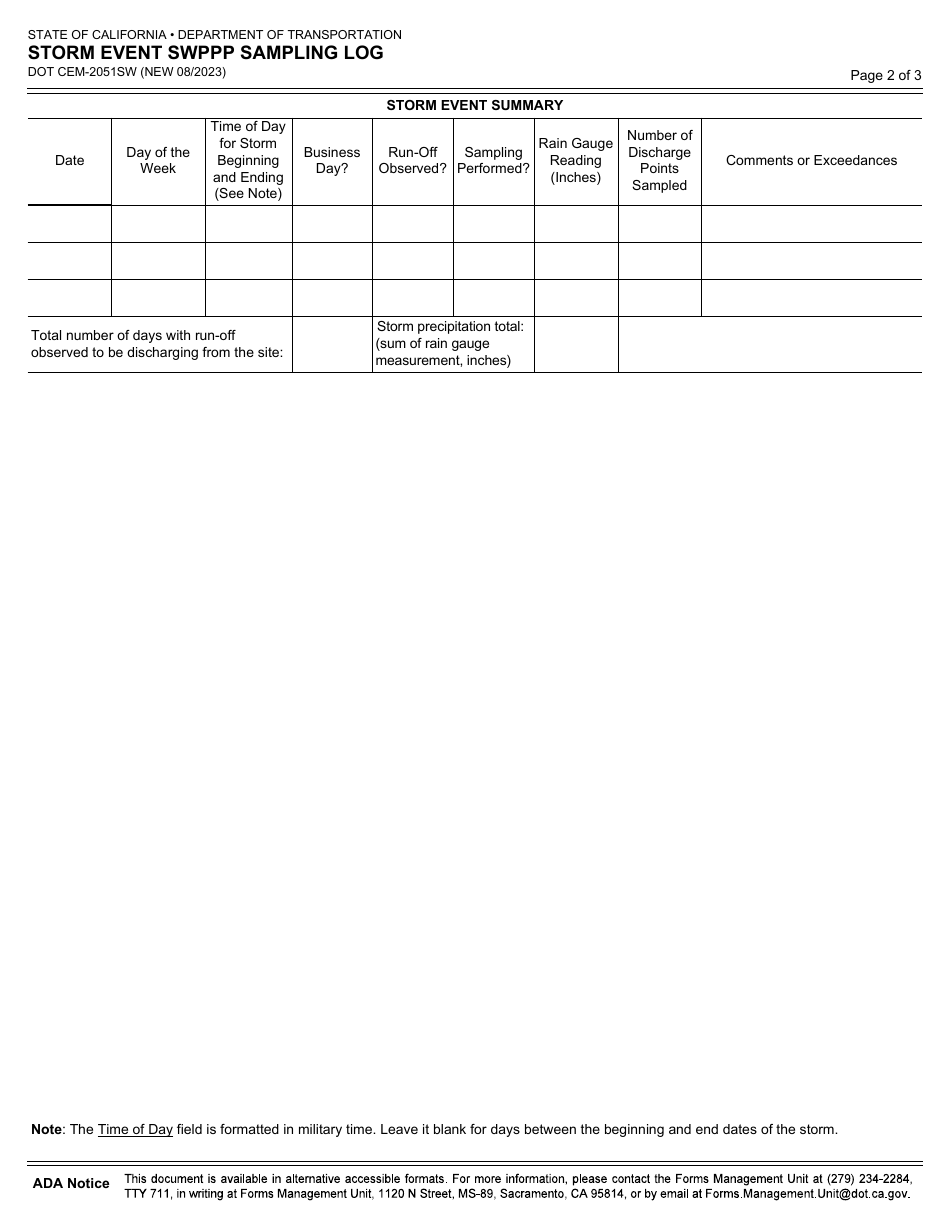 Form CEM-2051SW Storm Event Swppp Sampling Log - California, Page 2
