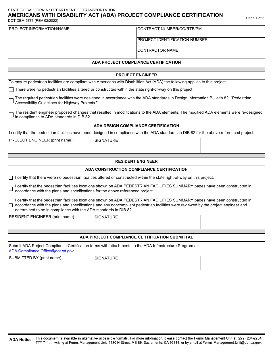 Form DOT CEM-5773 Americans With Disability Act (Ada) Project Compliance Certification - California, Page 1