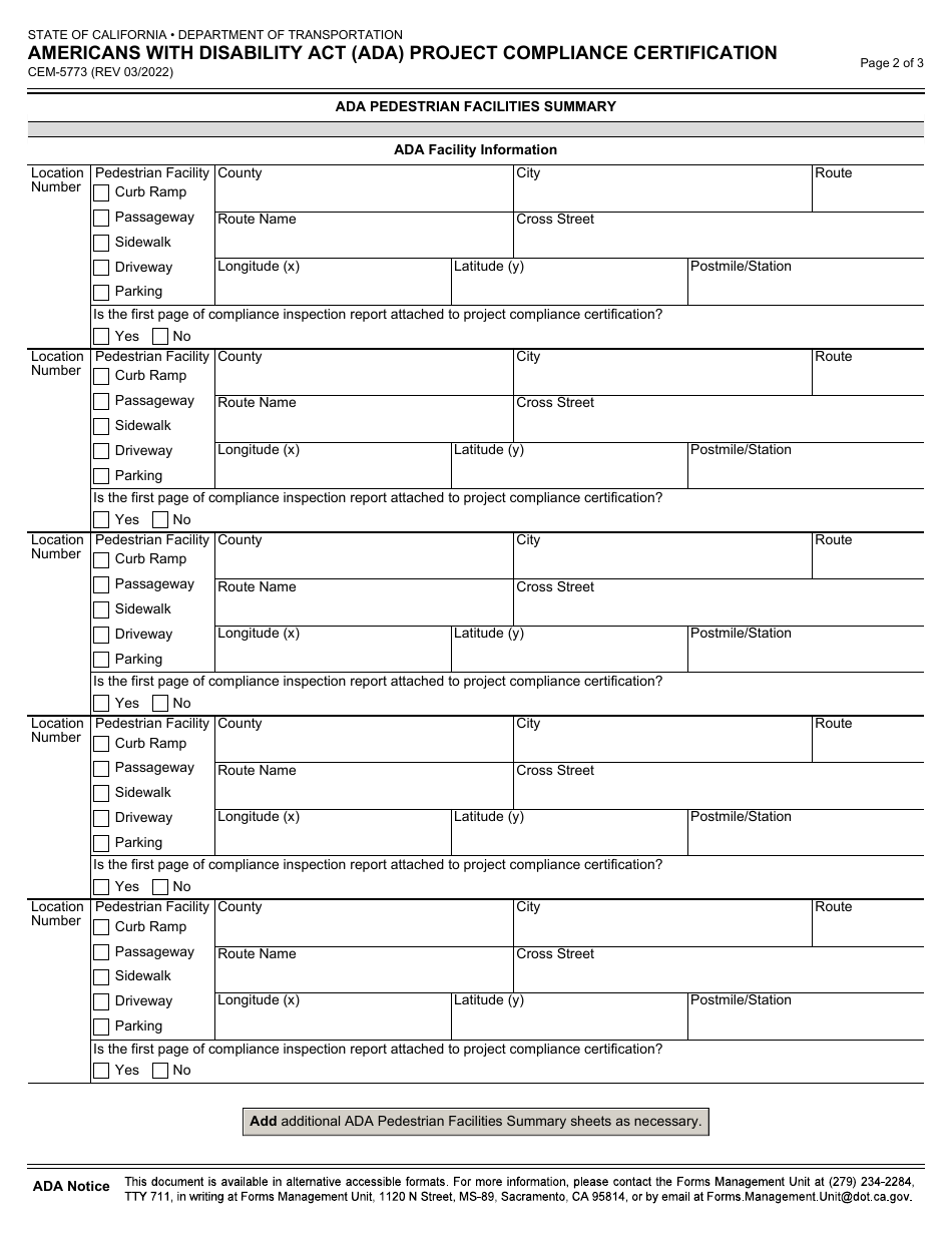 Form DOT CEM-5773 Americans With Disability Act (Ada) Project Compliance Certification - California, Page 2