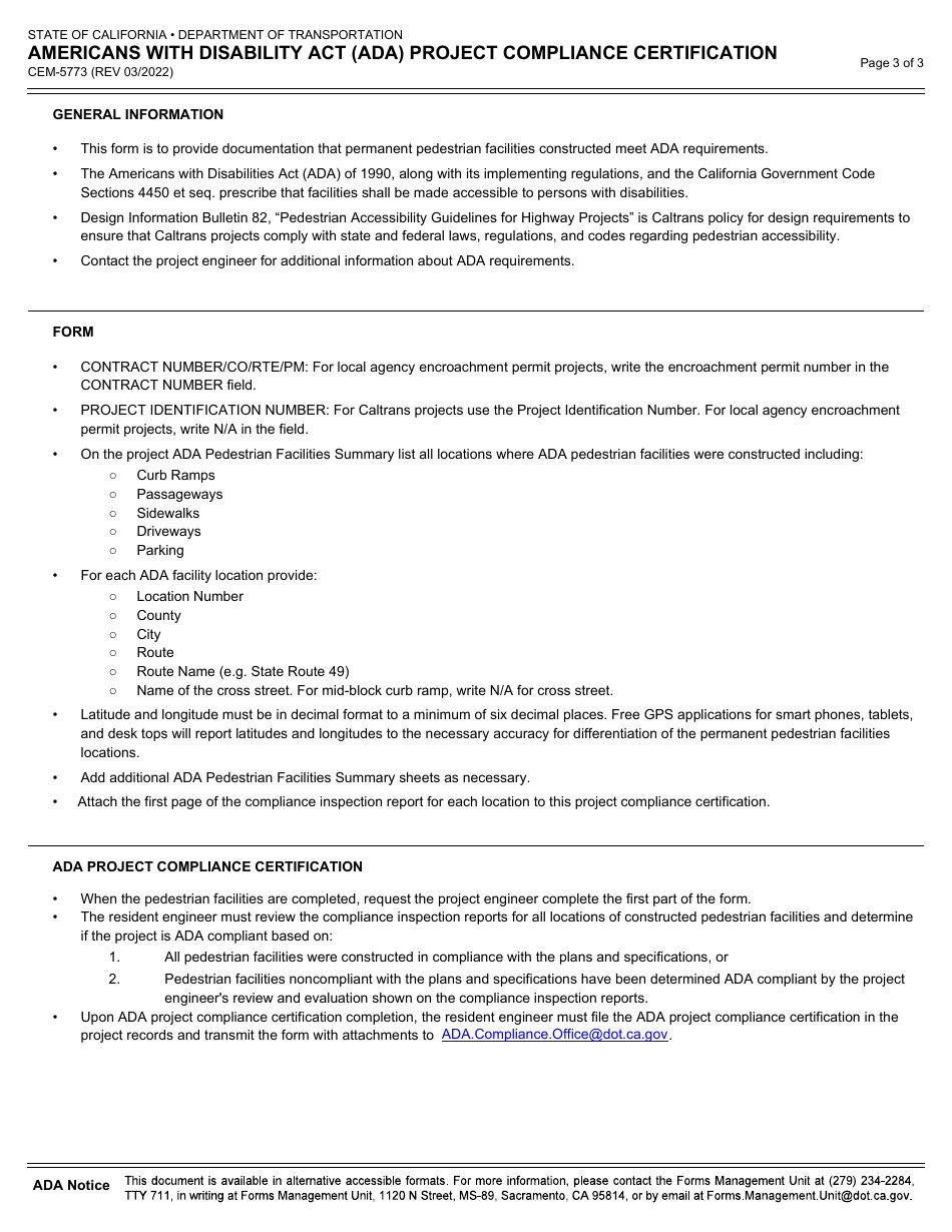 Form DOT CEM-5773 Americans With Disability Act (Ada) Project Compliance Certification - California, Page 3