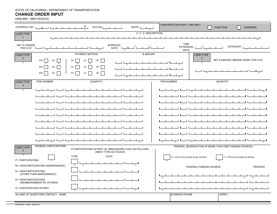 Form CEM-4901 Change Order Input - California, Page 1