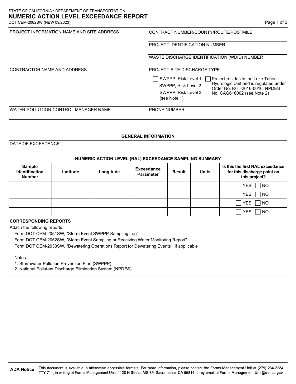 Form DOT CEM-2062SW Numeric Action Level Exceedance Report - California, Page 1