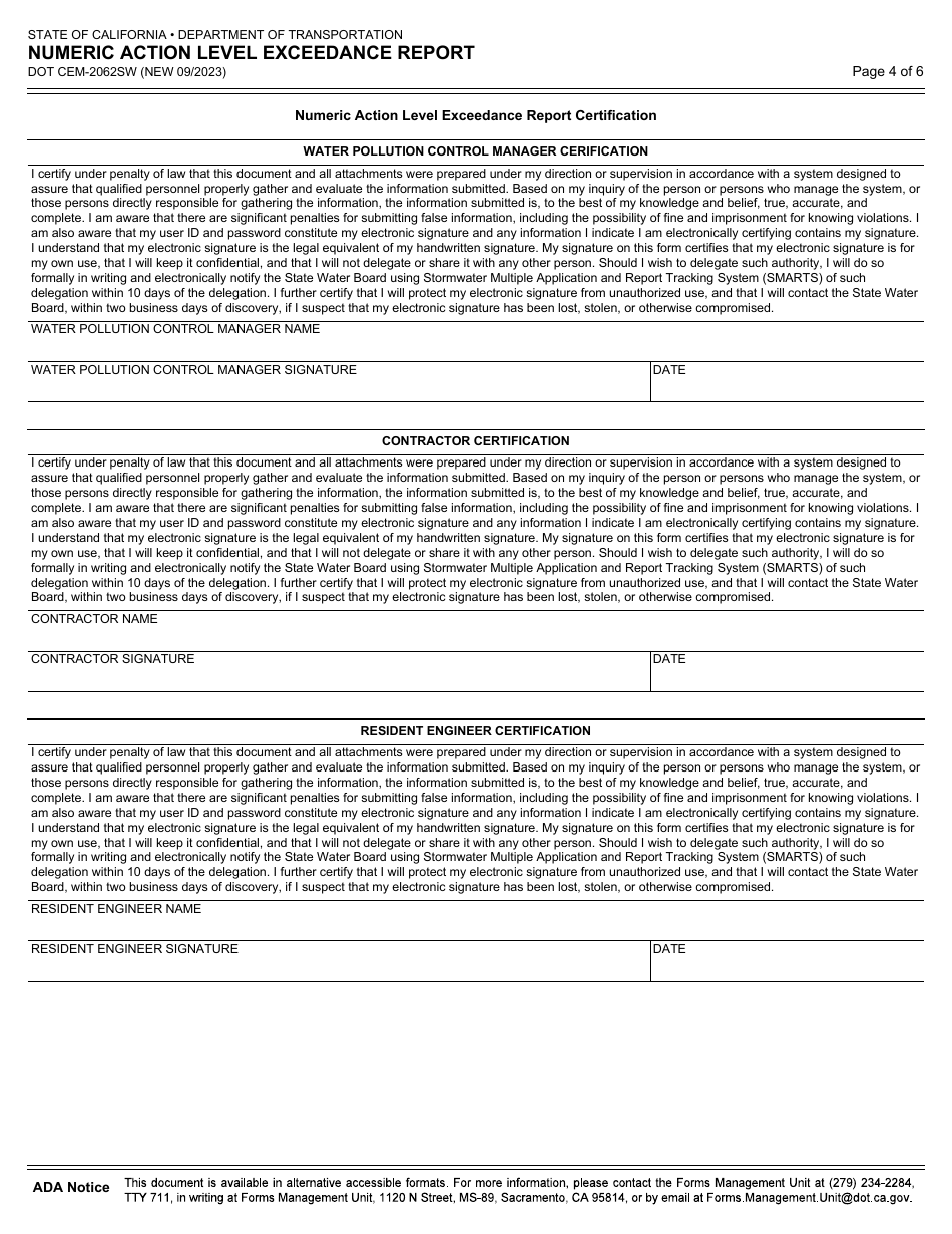 Form DOT CEM-2062SW Numeric Action Level Exceedance Report - California, Page 4