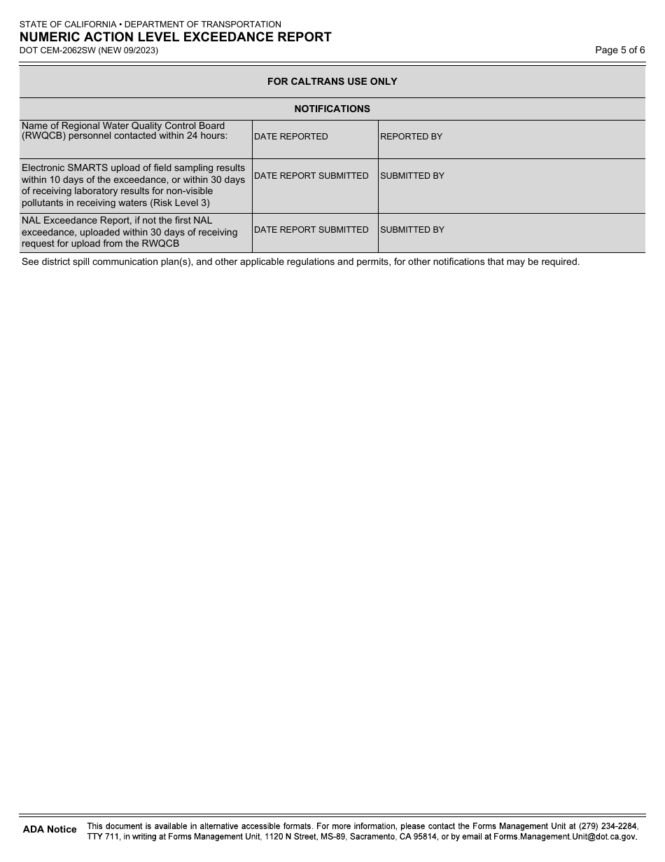 Form DOT CEM-2062SW Numeric Action Level Exceedance Report - California, Page 5