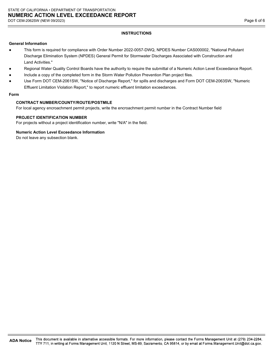 Form DOT CEM-2062SW Numeric Action Level Exceedance Report - California, Page 6