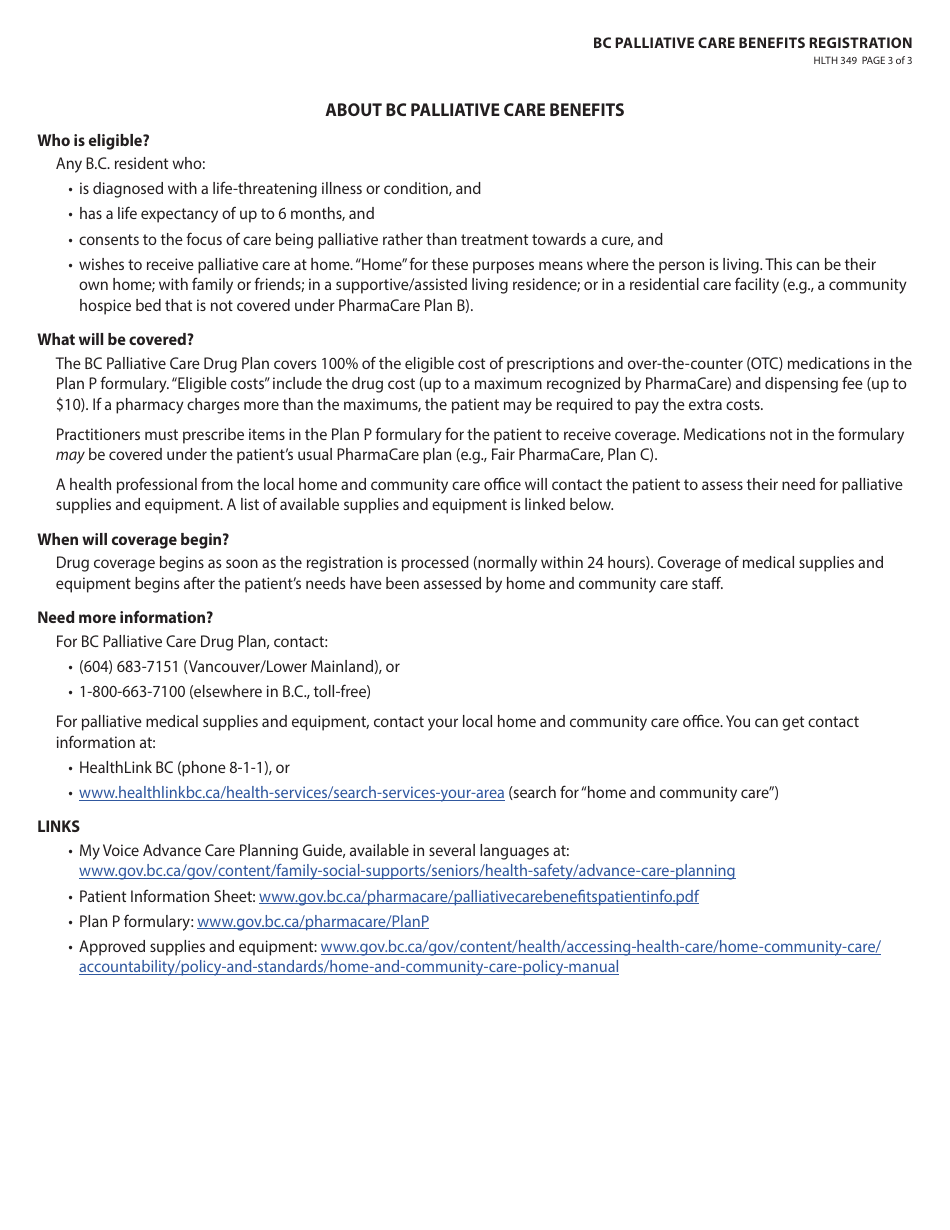 Form HLTH349 Bc Palliative Care Benefits Registration - British Columbia, Canada, Page 3