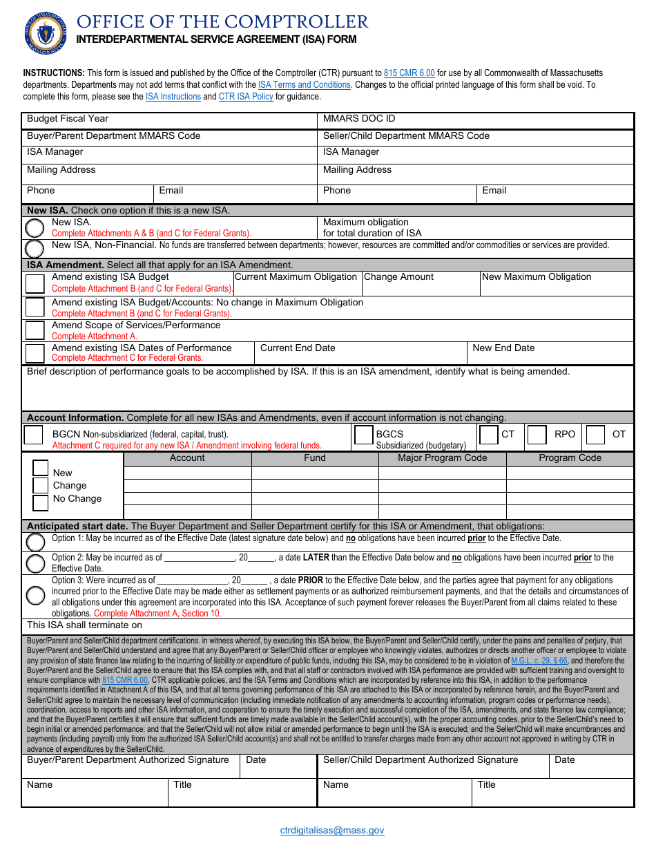 Interdepartmental Service Agreement (Isa) Form - Massachusetts, Page 1