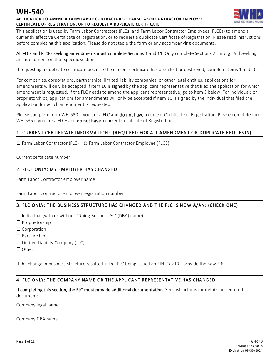 Form WH-540 Application to Amend a Farm Labor Contractor or Farm Labor Contractor Employee Certificate of Registration, or to Request a Duplicate Certificate, Page 1