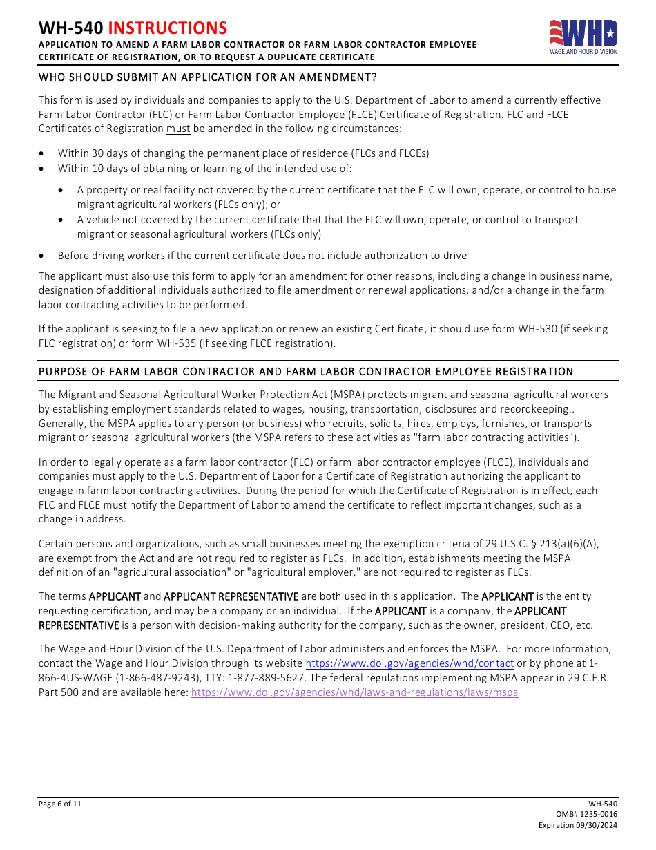 Form WH-540 Application to Amend a Farm Labor Contractor or Farm Labor Contractor Employee Certificate of Registration, or to Request a Duplicate Certificate, Page 6