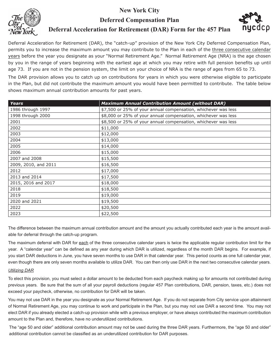 Deferral Acceleration for Retirement (Dar) Form for the 457 Plan - New York City, Page 1