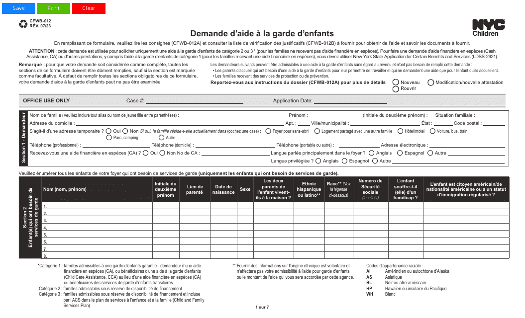 Form CFWB-012 Application for Child Care Assistance - New York (French)