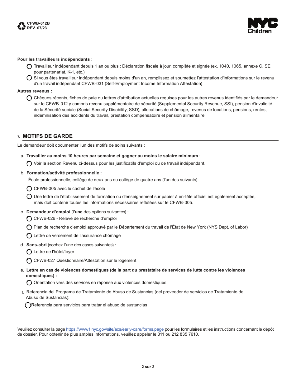 Form CFWB-012 Application for Child Care Assistance - New York (French), Page 14