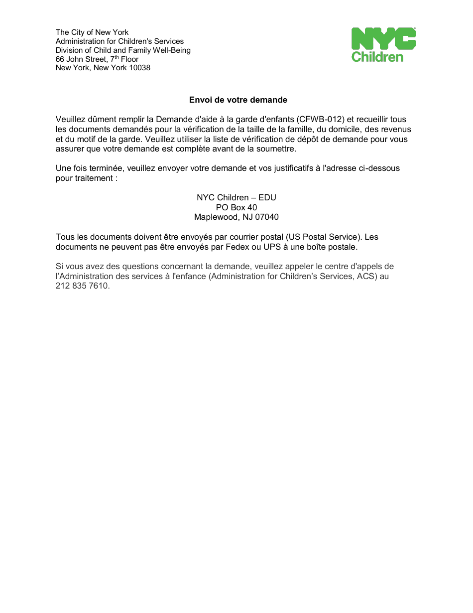 Form CFWB-012 Application for Child Care Assistance - New York (French), Page 15