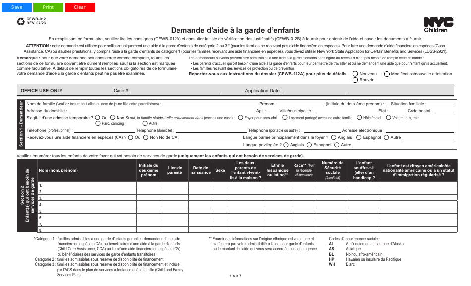 Form CFWB-012 Application for Child Care Assistance - New York (French), Page 1