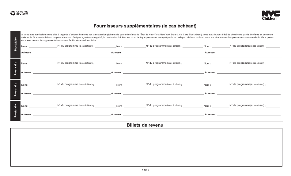 Form CFWB-012 Application for Child Care Assistance - New York (French), Page 7