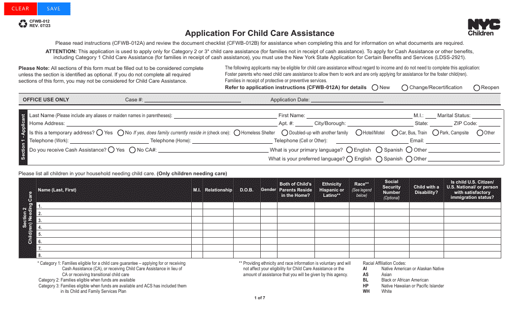 Form CFWB-012 Application for Child Care Assistance - New York