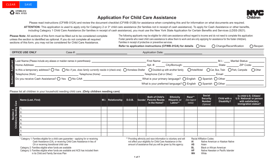 Form CFWB-012 Application for Child Care Assistance - New York, Page 1