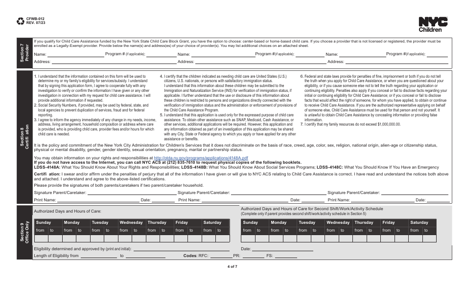 Form CFWB-012 Application for Child Care Assistance - New York, Page 4
