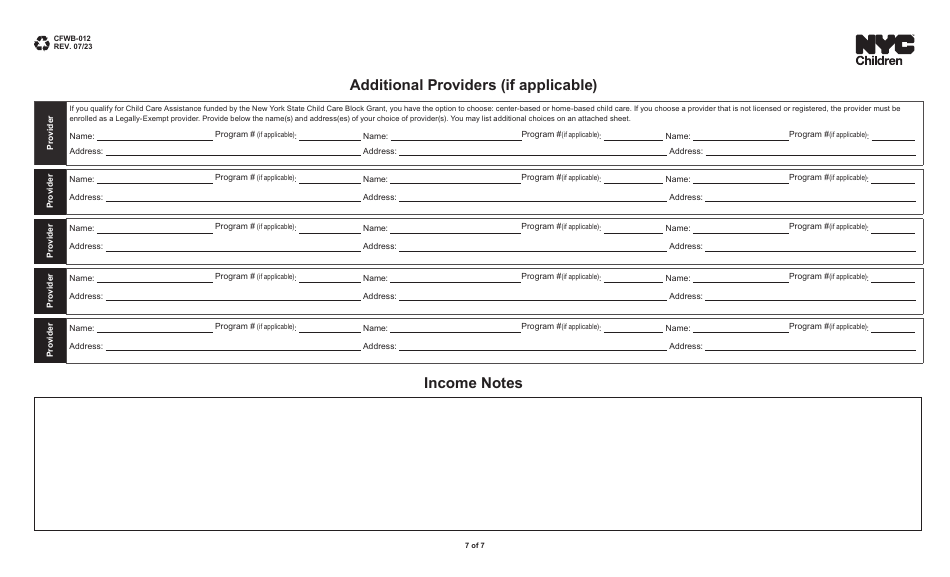 Form CFWB-012 Application for Child Care Assistance - New York, Page 7