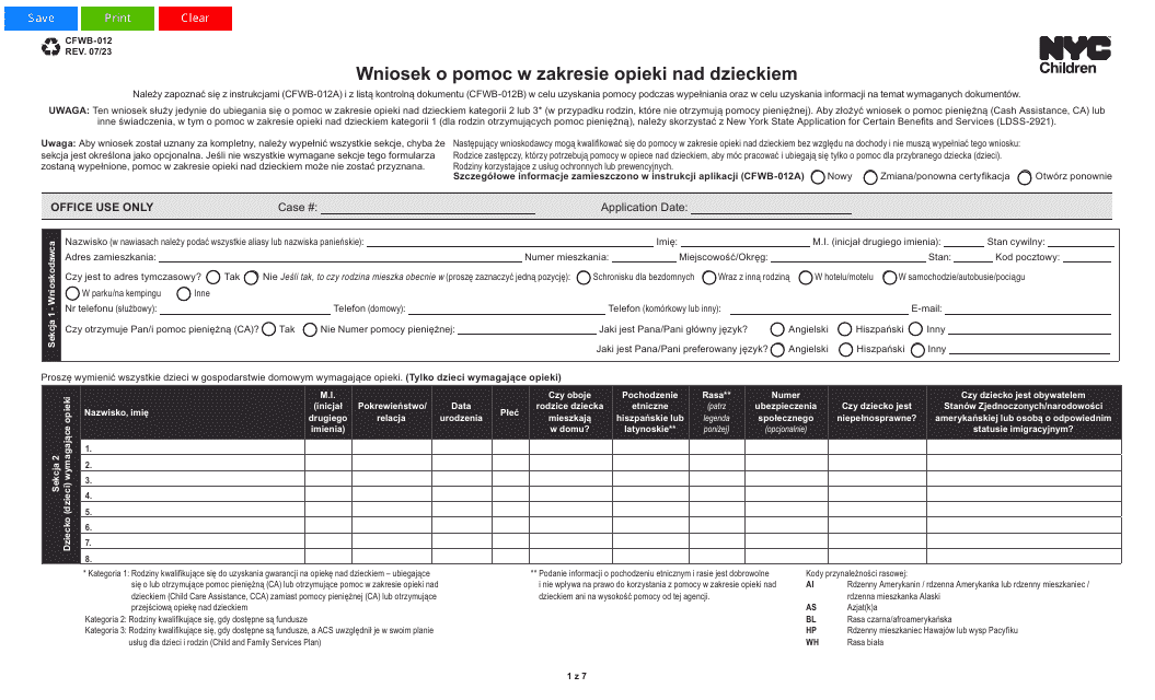 Form CFWB-012 Application for Child Care Assistance - New York (Polish)