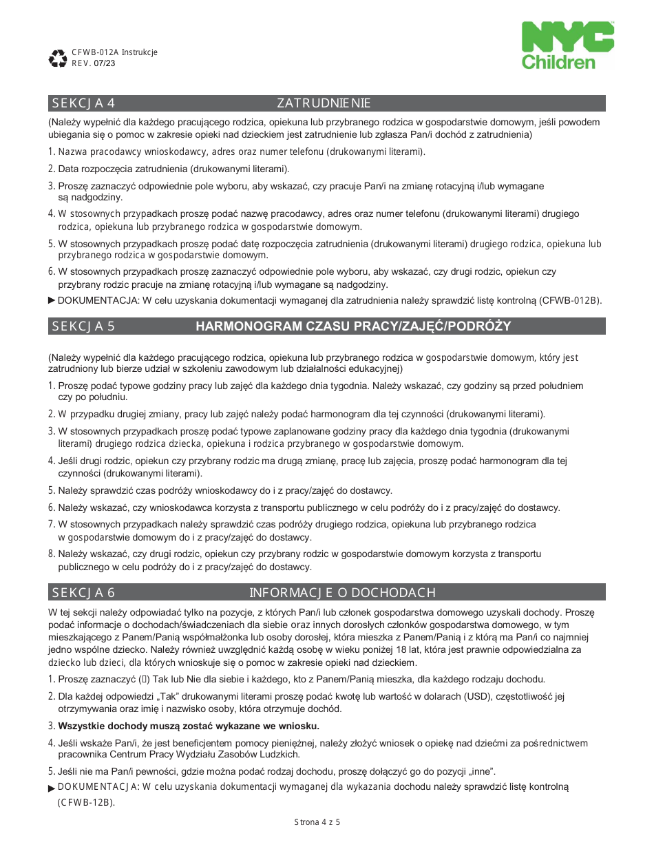 Form CFWB-012 Application for Child Care Assistance - New York (Polish), Page 11