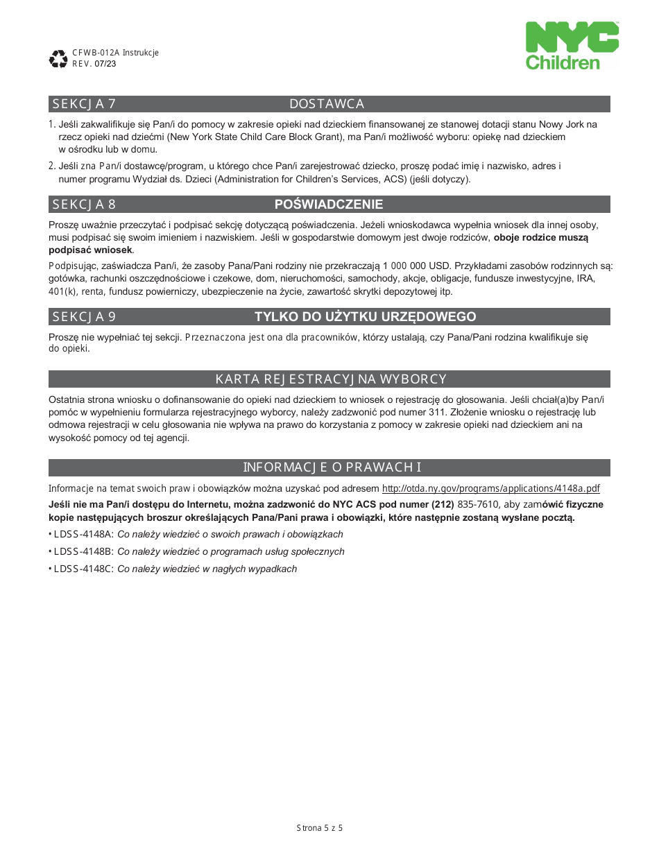 Form CFWB-012 Application for Child Care Assistance - New York (Polish), Page 12