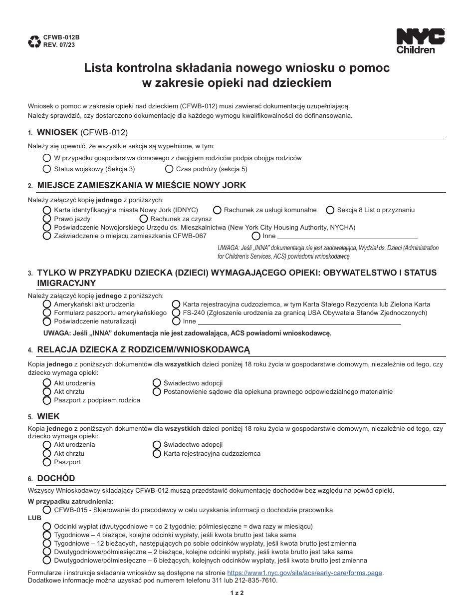 Form CFWB-012 Application for Child Care Assistance - New York (Polish), Page 13