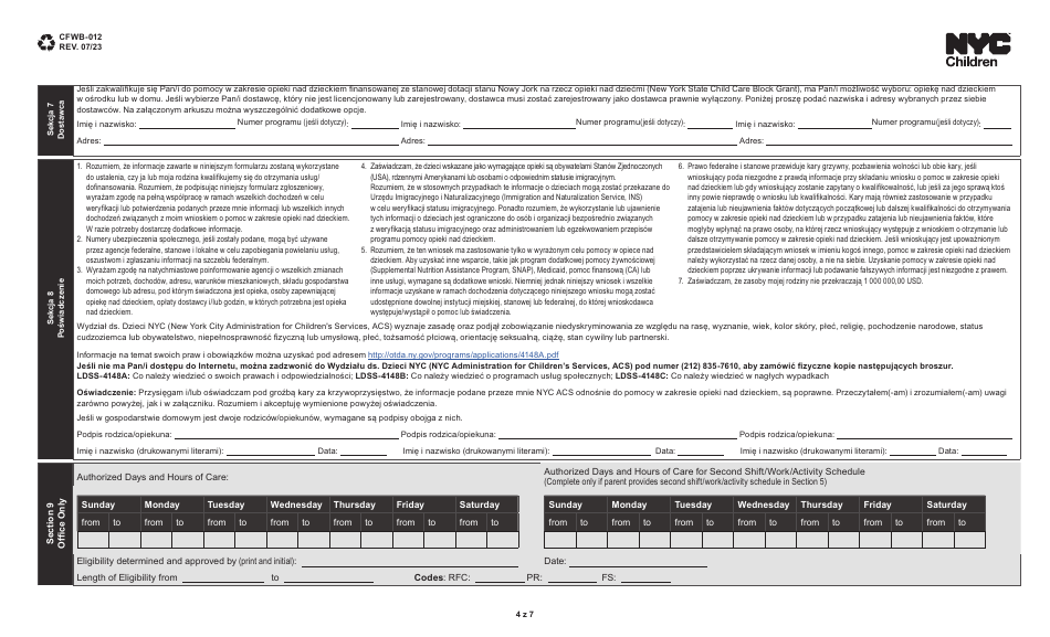 Form CFWB-012 Application for Child Care Assistance - New York (Polish), Page 4