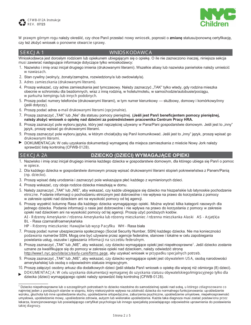 Form CFWB-012 Application for Child Care Assistance - New York (Polish), Page 9