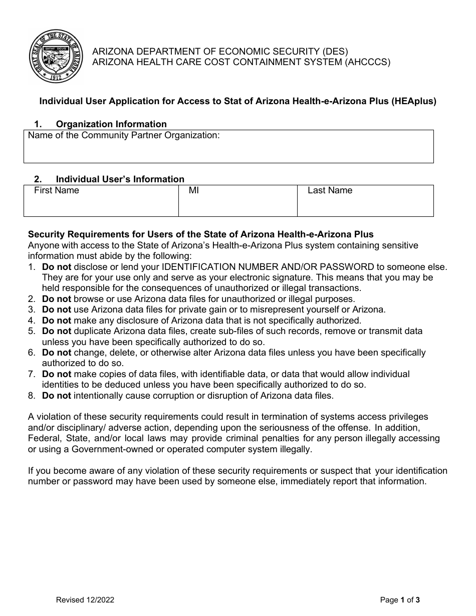 Individual User Application for Access to State of Arizona Health-E-arizona Plus (Heaplus) - Arizona, Page 1