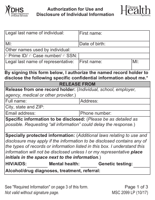Form MSC2099 LP Authorization for Use and Disclosure of Individual Information (Large Print) - Oregon