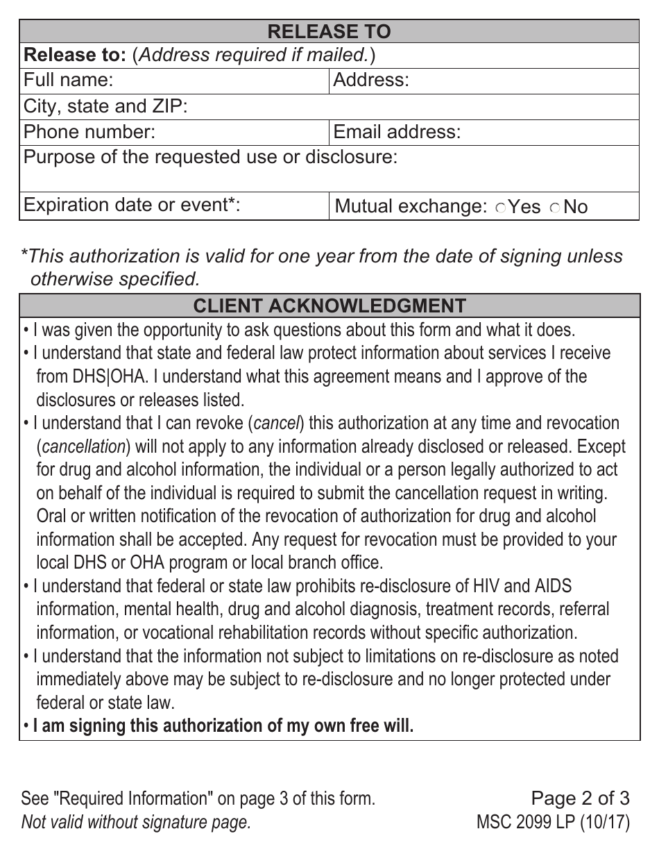 Form MSC2099 LP Authorization for Use and Disclosure of Individual Information (Large Print) - Oregon, Page 2