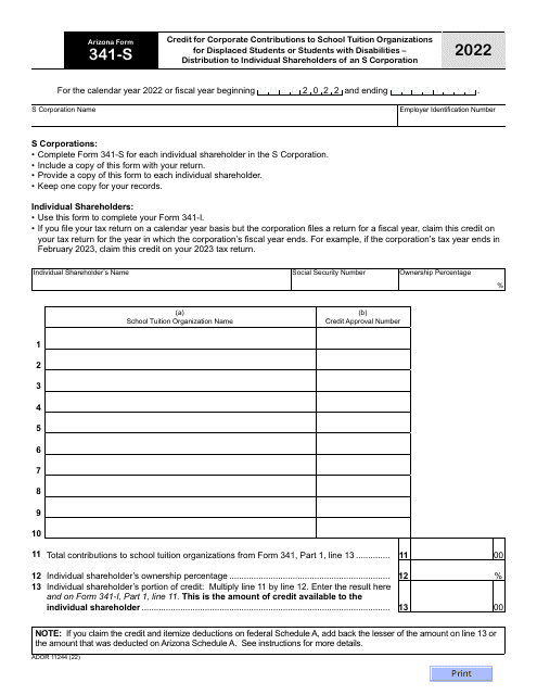 Arizona Form 341-S (ADOR11244) 2022 Printable Pdf