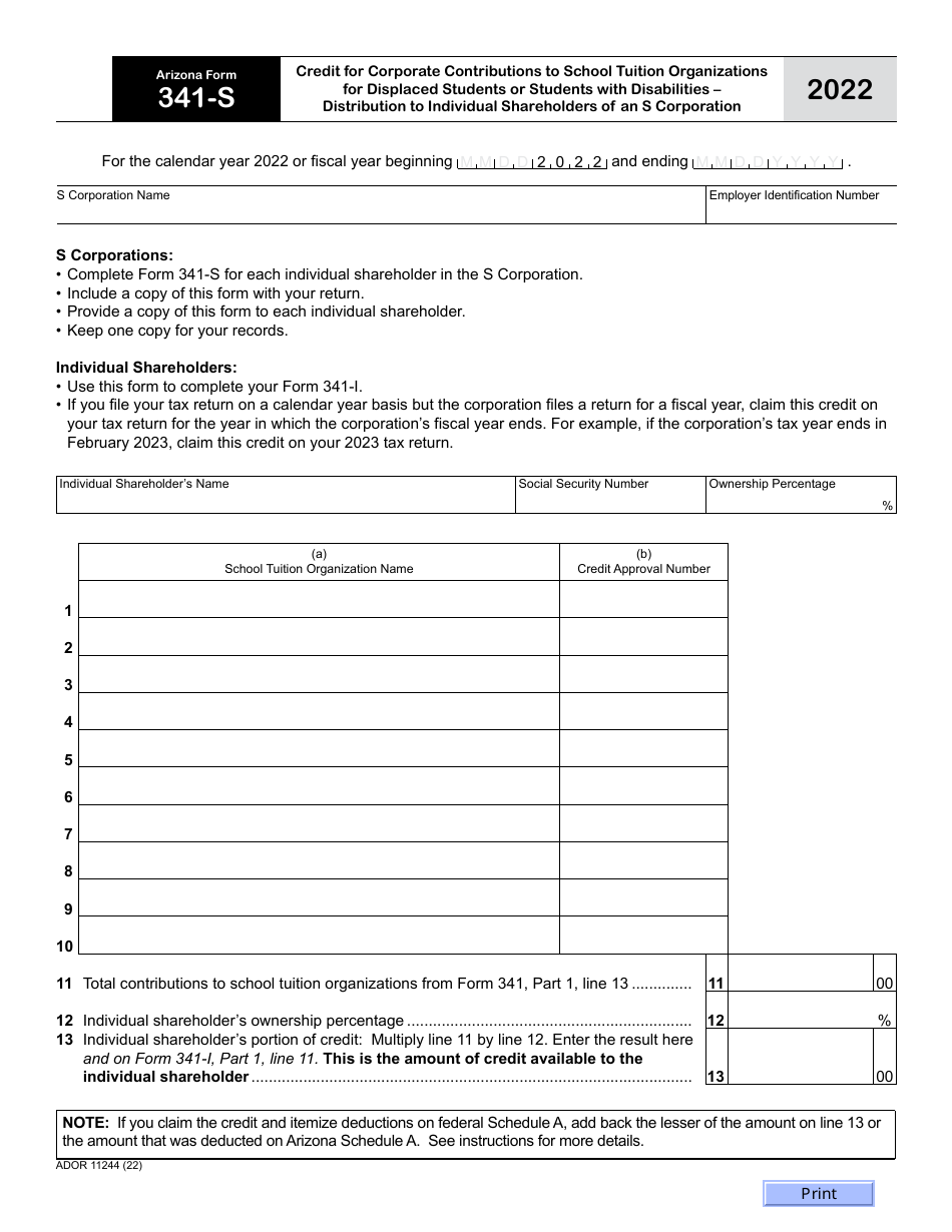 Arizona Form 341-S (ADOR11244) Credit for Corporate Contributions to School Tuition Organizations for Displaced Students or Students With Disabilities - Distribution to Individual Shareholders of an S Corporation - Arizona, Page 1
