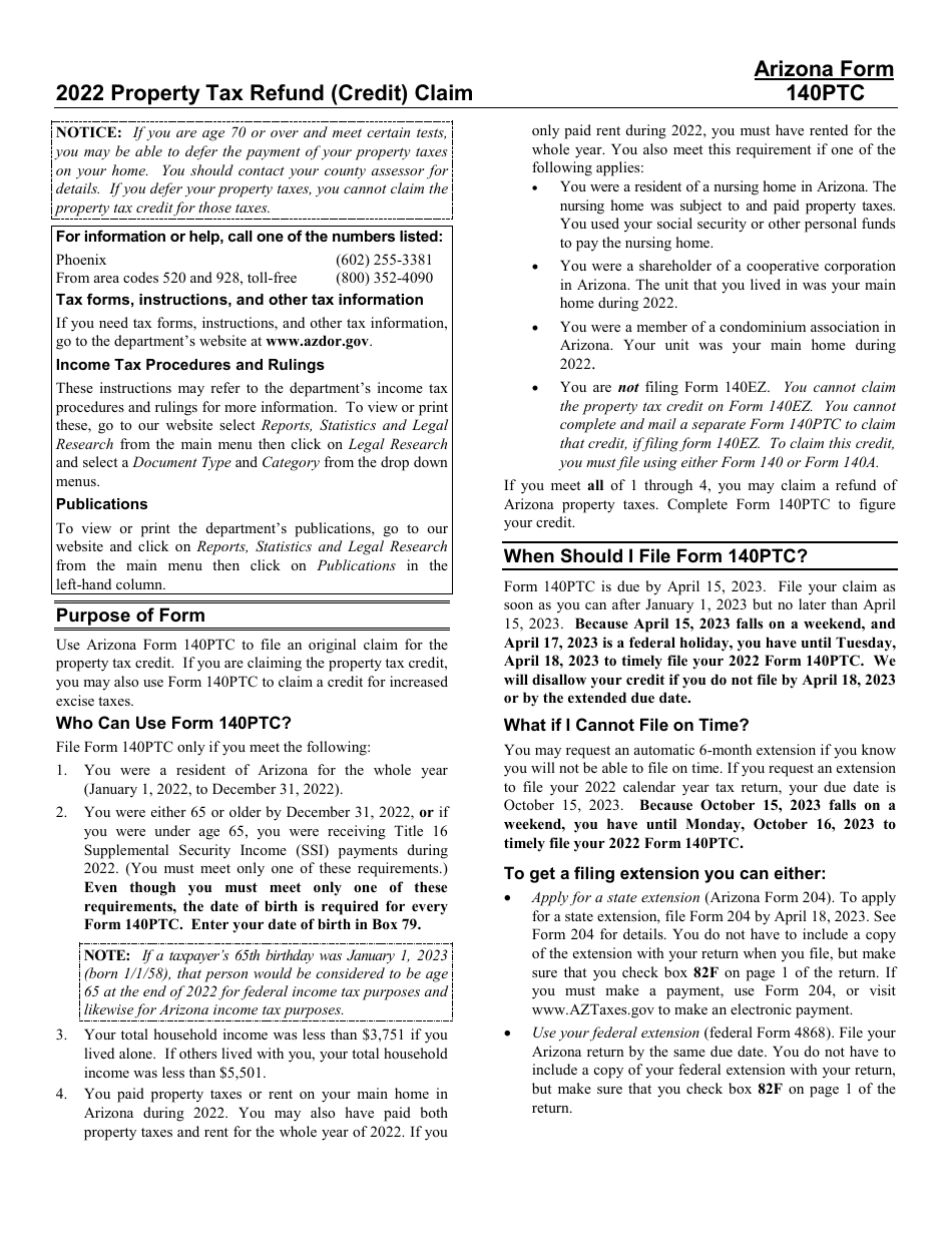 Instructions for Arizona Form 140PTC, ADOR10567 Property Tax Refund (Credit) Claim - Arizona, Page 1