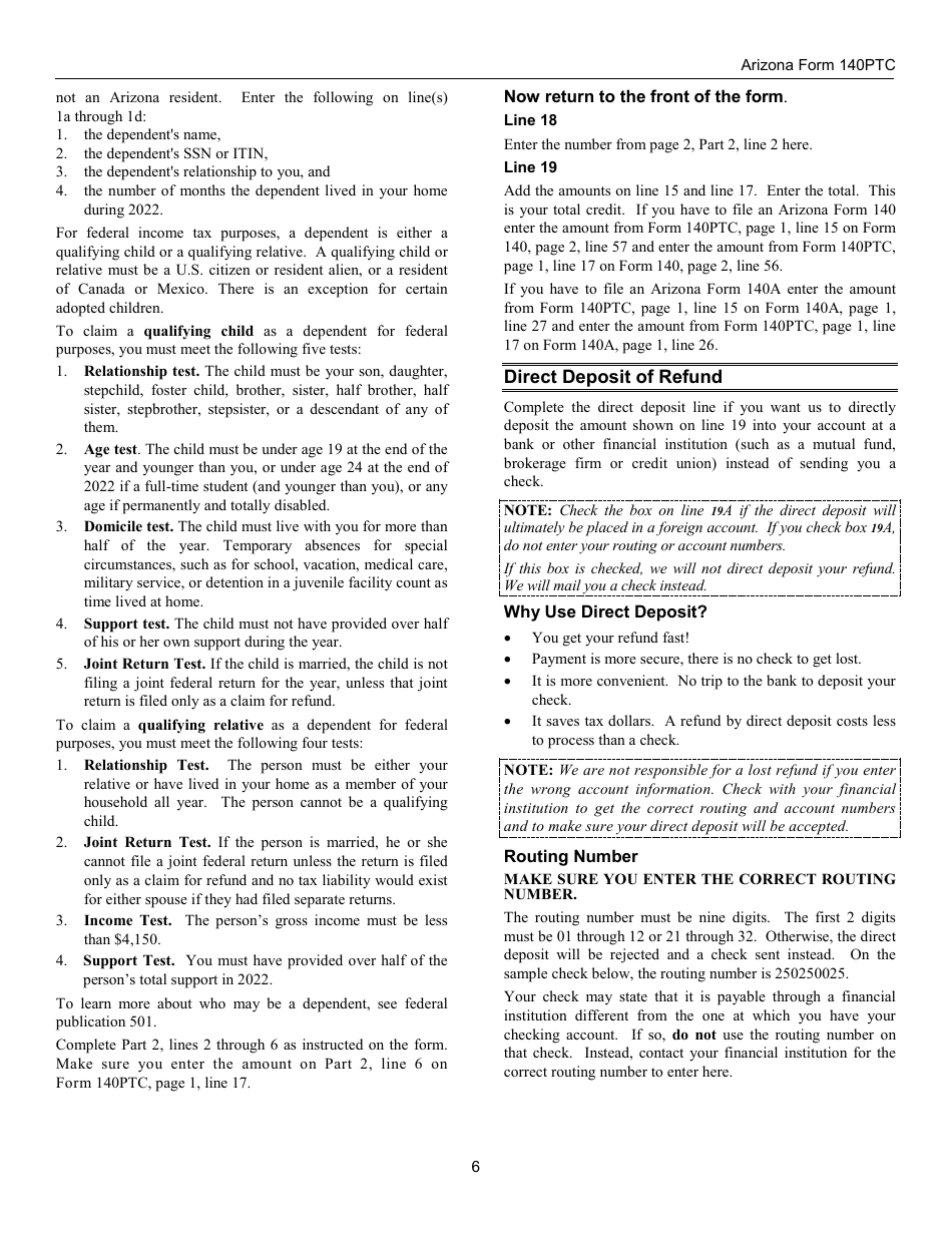 Instructions for Arizona Form 140PTC, ADOR10567 Property Tax Refund (Credit) Claim - Arizona, Page 6
