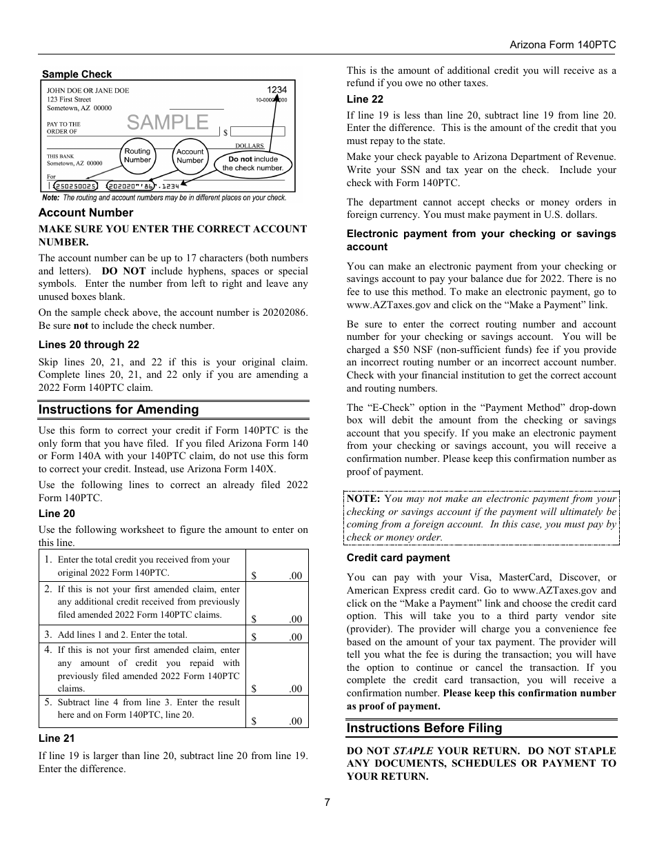 Instructions for Arizona Form 140PTC, ADOR10567 Property Tax Refund (Credit) Claim - Arizona, Page 7