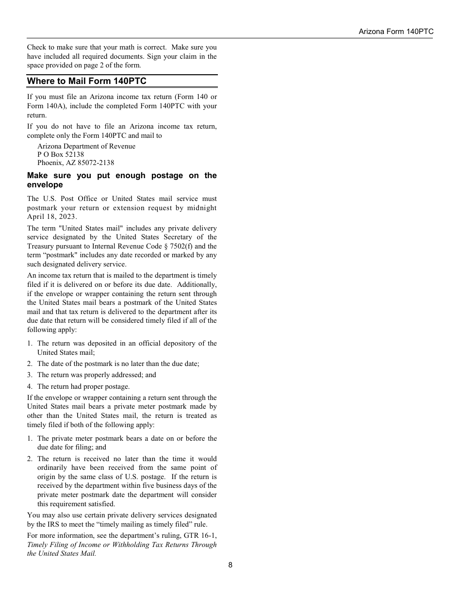 Download Instructions for Arizona Form 140PTC, ADOR10567 Property Tax