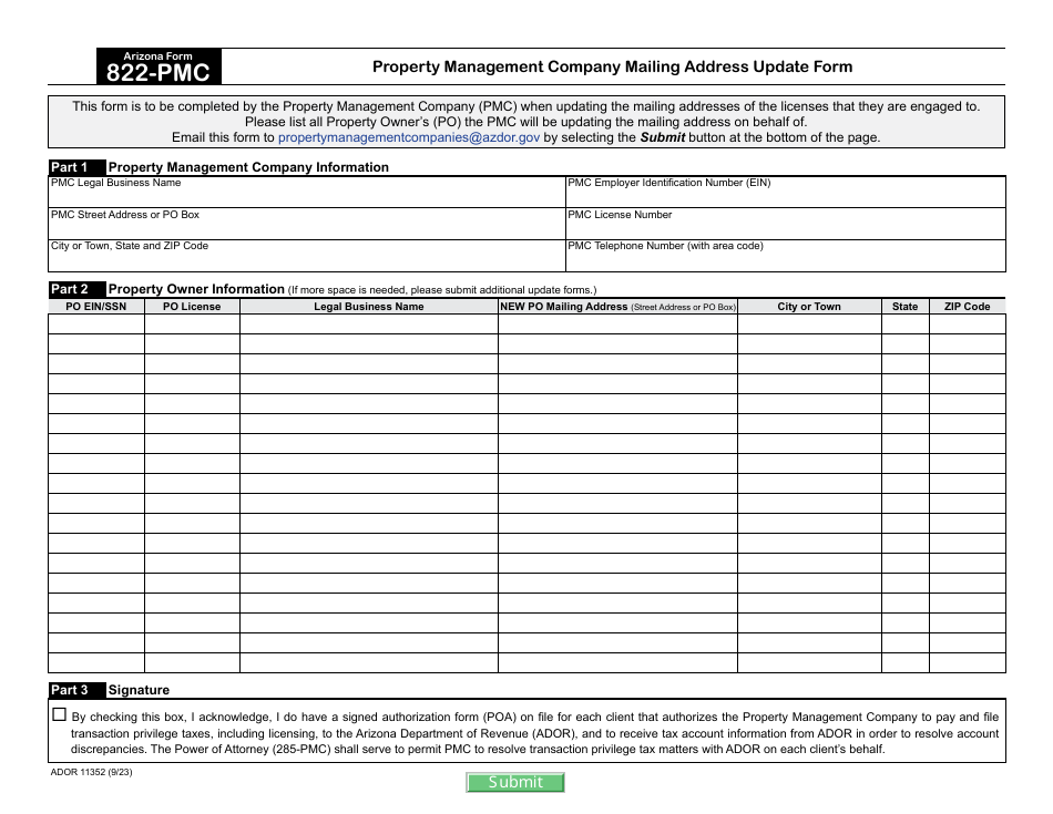 Arizona Form 822-PMC (ADOR11352) Property Management Company Mailing Address Update Form - Arizona, Page 1