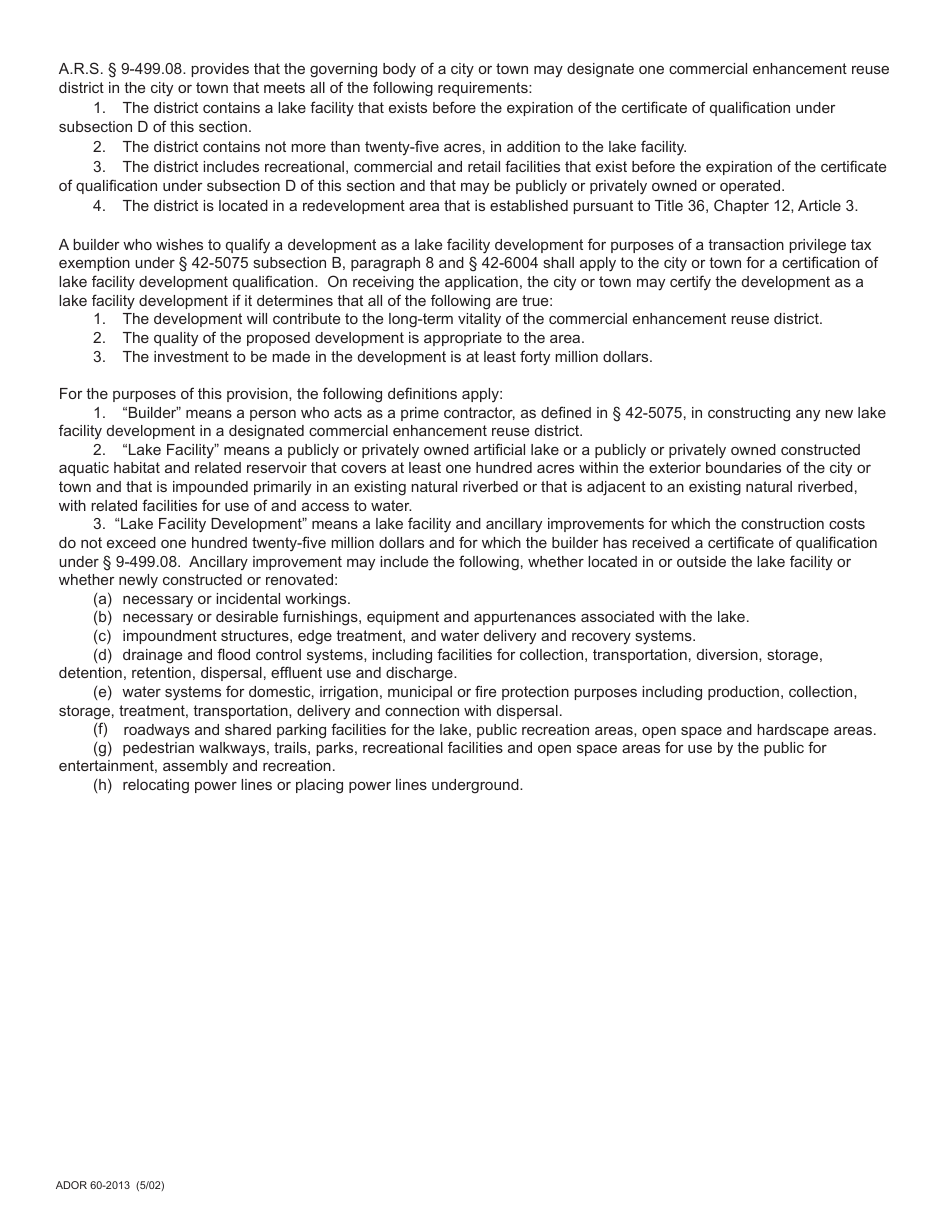 Arizona Form 5003 (ADOR60-2013) Transaction Privilege Tax Exemption Certificate for Commercial Enhancement Reuse District Projects - Arizona, Page 2