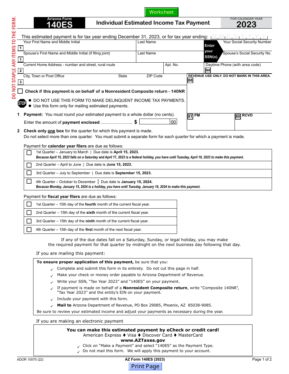Arizona Form 140es Ador10575 Download Fillable Pdf Or Fill Online Individual Estimated Income 9060