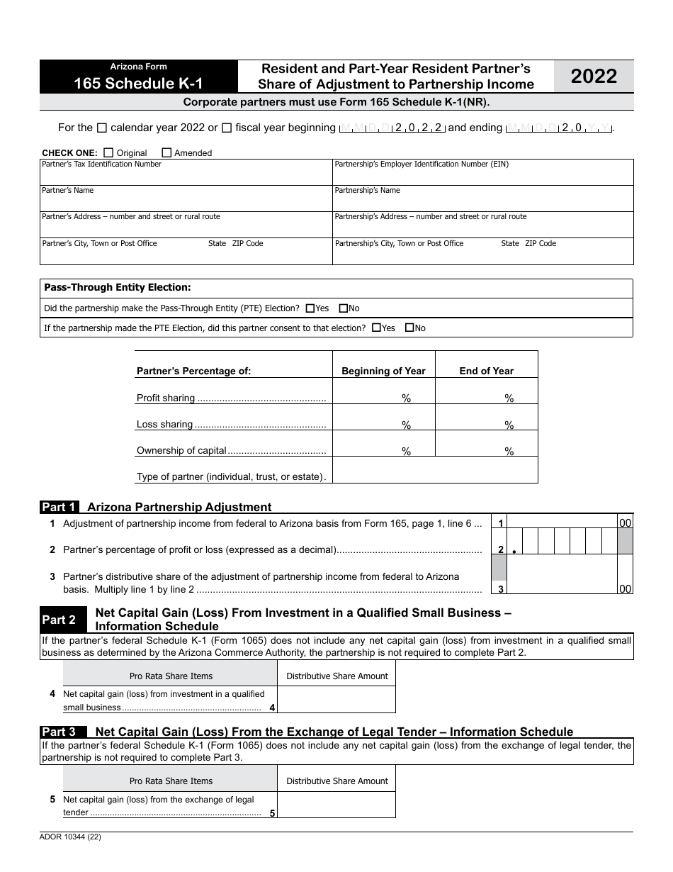 Arizona Form 165 (ADOR10344) Schedule K-1 - 2022 - Fill Out, Sign ...