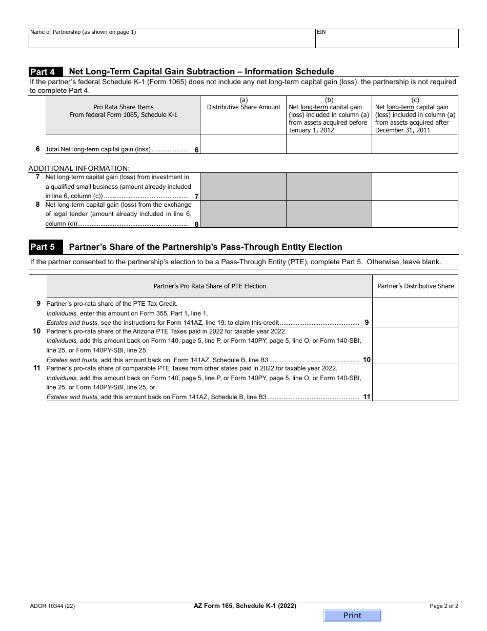 Arizona Form 165 Ador10344 Schedule K 1 2022 Fill Out Sign Online And Download Fillable 2001