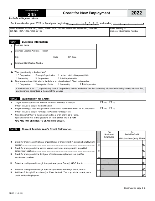 Arizona Form 345 (ADOR11149) Credit for New Employment - Arizona, 2022